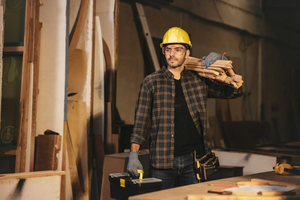 Professional Carpenter Handcraft Wood worker. furniture builder home diy projects maker male.